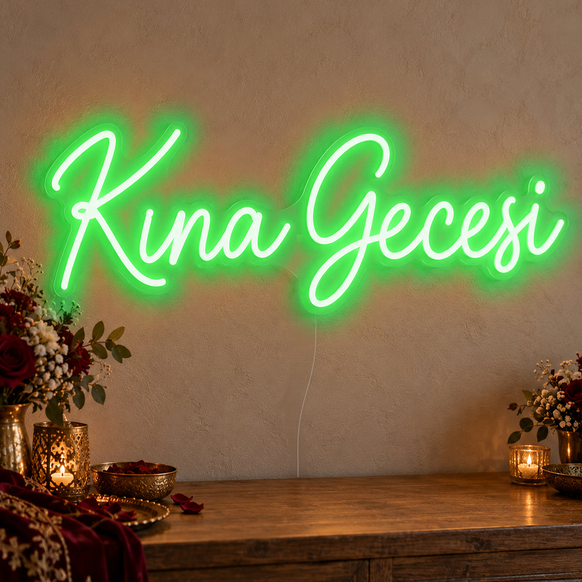 Kına Gecesi Neon Sign in green LED neon on clear acrylic, angled view