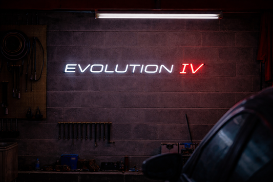 Lancer Evolution IV inspired LED neon sign in red and white mounted on garage wall Australia
