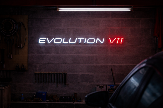 Lancer Evolution VII inspired LED neon sign in red and white mounted on garage wall Australia
