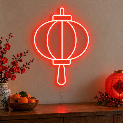 Lantern Neon Sign on clear cut-to-shape acrylic, illuminated on a wall in a styled celebration setting