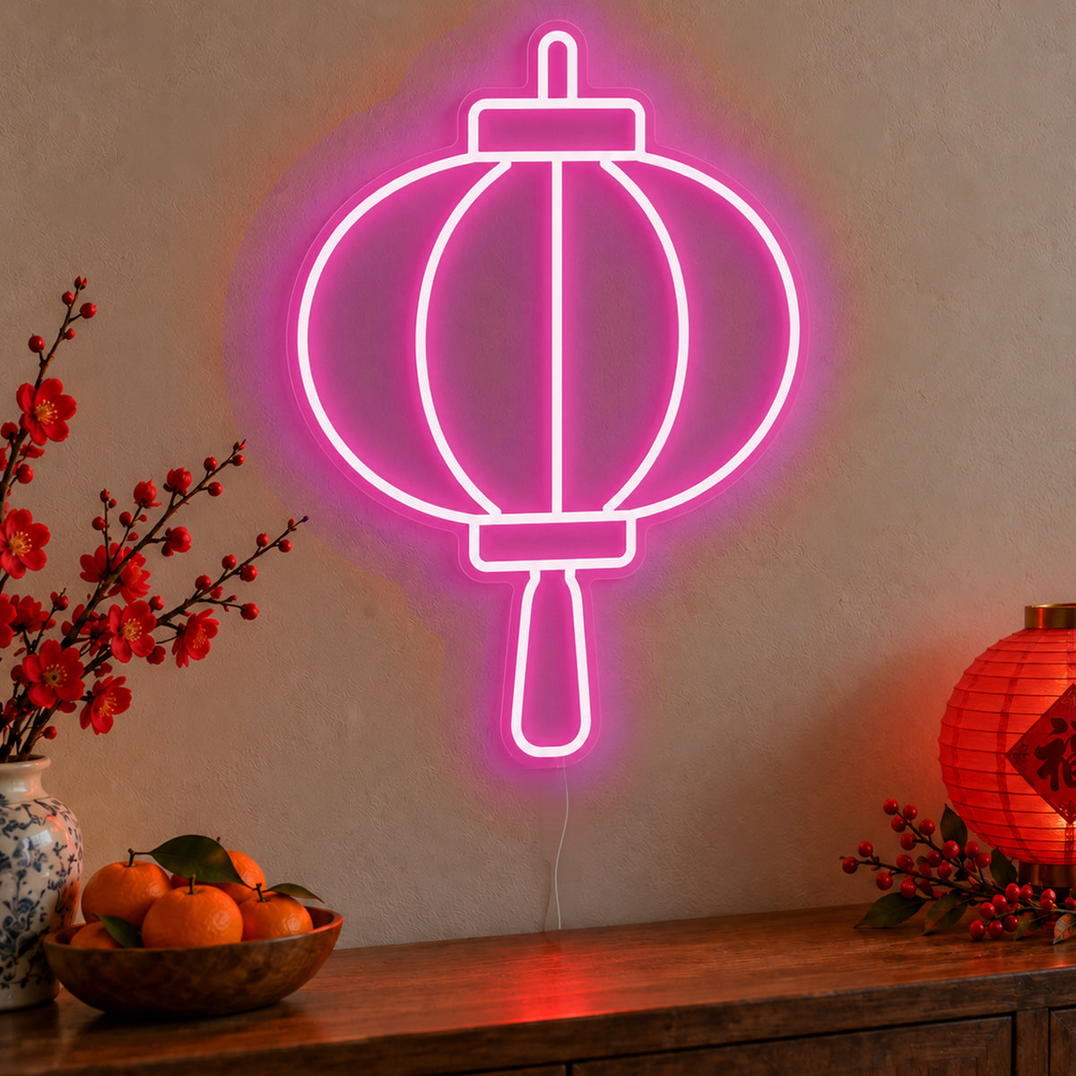 Lantern Neon Sign in pink LED neon on clear acrylic, angled view