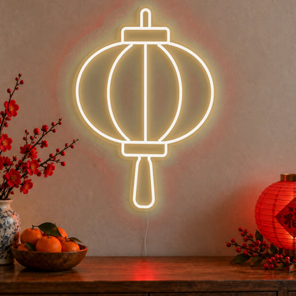 Lantern Neon Sign in warm white LED neon on clear acrylic, angled view