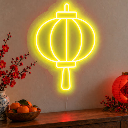 Lantern Neon Sign in yellow LED neon on clear acrylic, angled view