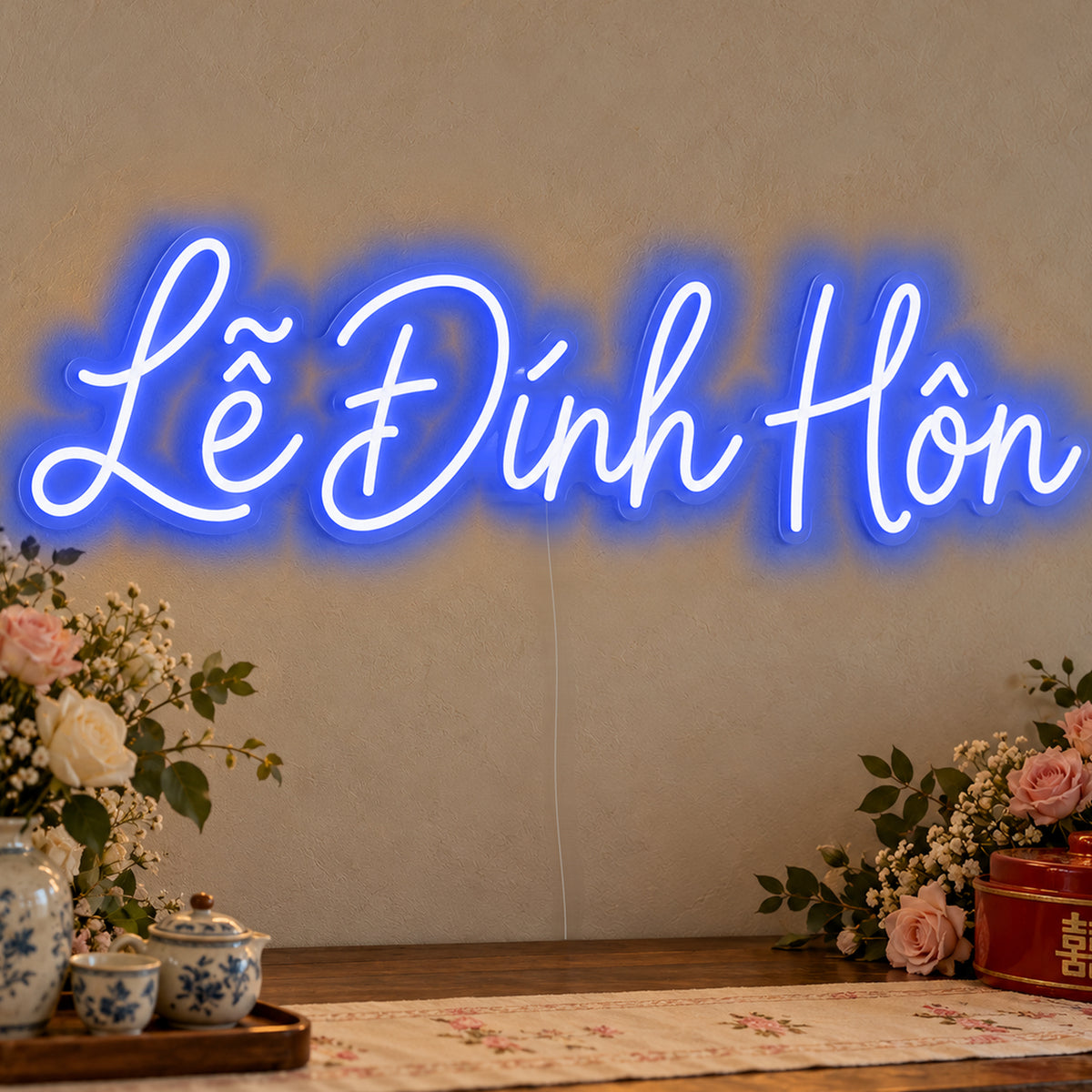 Lễ Đính Hôn Neon Sign in blue LED neon on clear acrylic, angled view