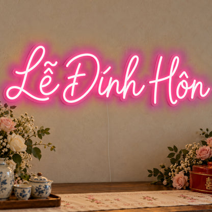 Lễ Đính Hôn Neon Sign in rose red LED neon on clear acrylic, angled view