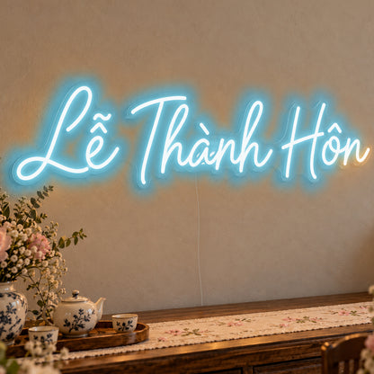 Lễ Thành Hôn Neon Sign in ice blue LED neon on clear acrylic, angled view