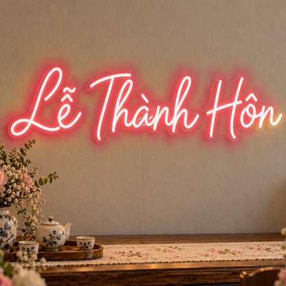 Lễ Thành Hôn Neon Sign in red LED neon on clear acrylic, angled view