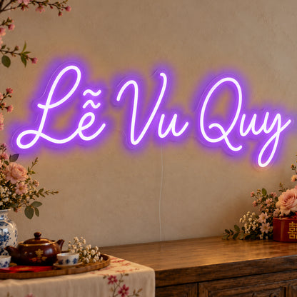 Lễ Vu Quy Neon Sign in purple LED neon on clear acrylic, angled view