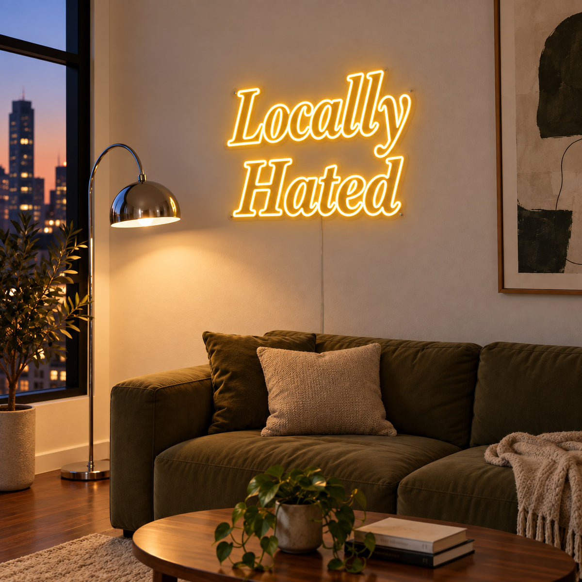 Locally Hated Neon Sign in yellow, featuring two lines of decorative Locally Hated lettering above a green sofa.