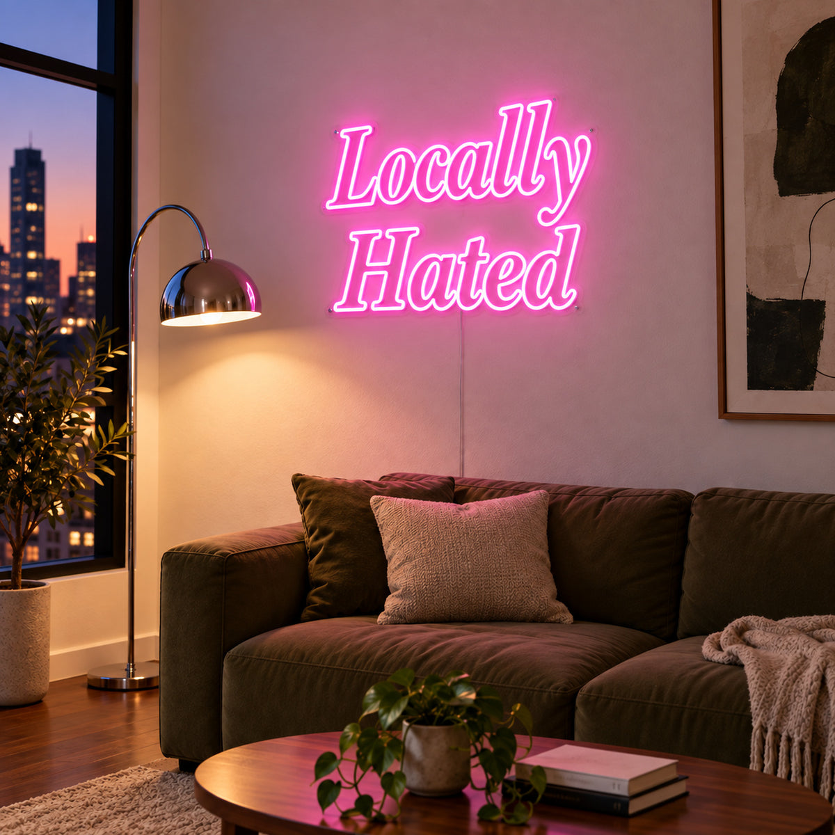 Locally Hated Neon Sign in pink, featuring two lines of decorative Locally Hated lettering above a green sofa.