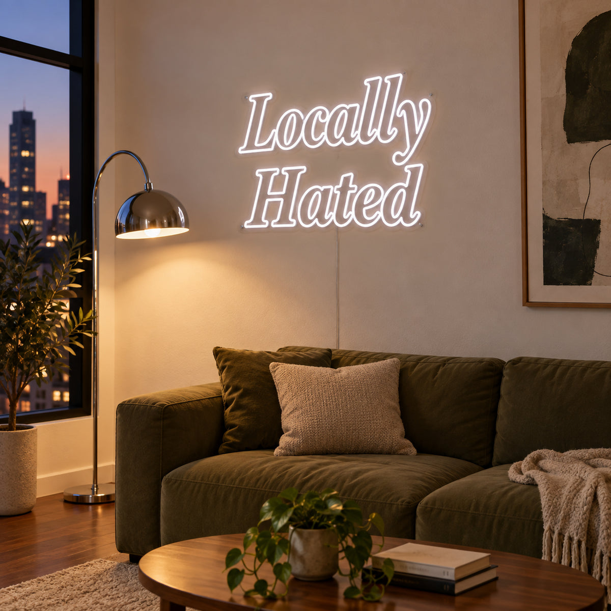 Locally Hated Neon Sign in white, featuring two lines of decorative Locally Hated lettering above a green sofa.