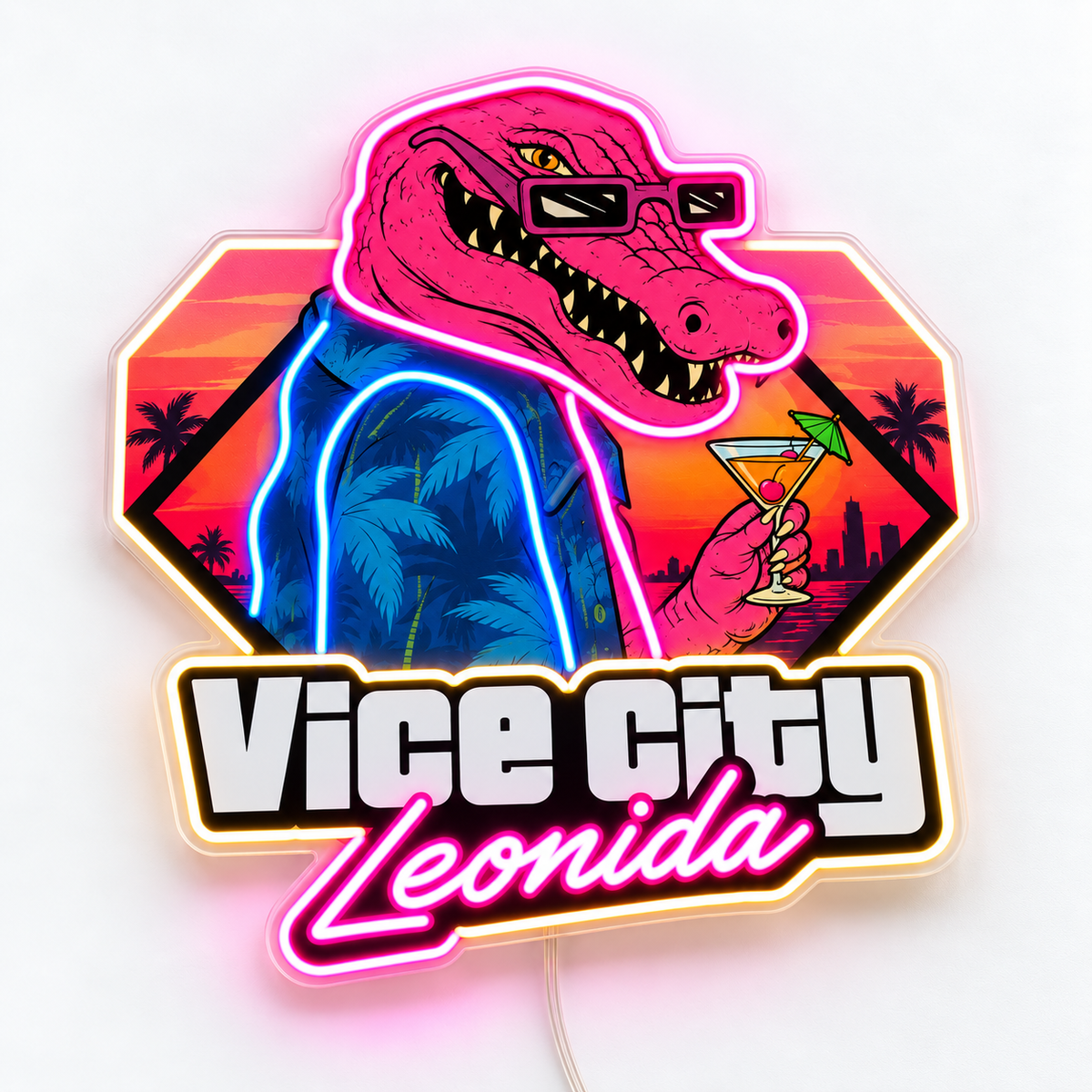 Macca the Gator Vice City Leonida Sunset Neon Sign – Macca the Gator with sunglasses and a cocktail against an angular pink sunset badge, finished with Vice City Leonida lettering.