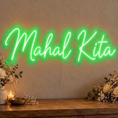 Mahal Kita Neon Sign in green LED neon on clear acrylic, angled view
