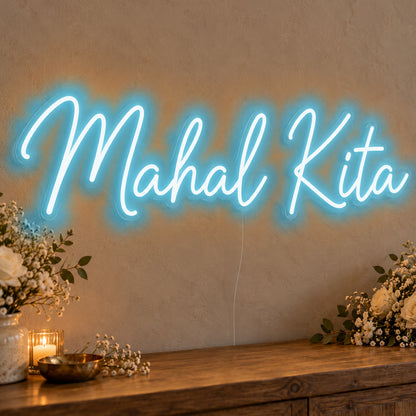 Mahal Kita Neon Sign in ice blue LED neon on clear acrylic, angled view