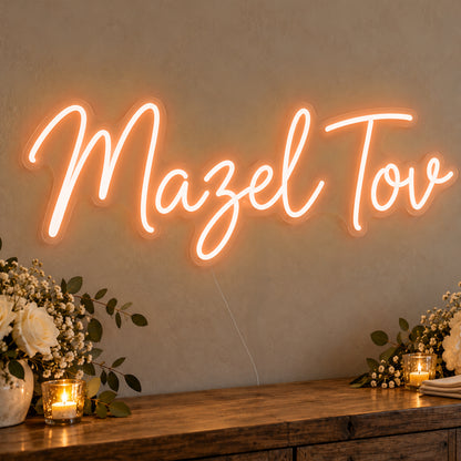 Mazel Tov Neon Sign in orange LED neon on clear acrylic, angled view
