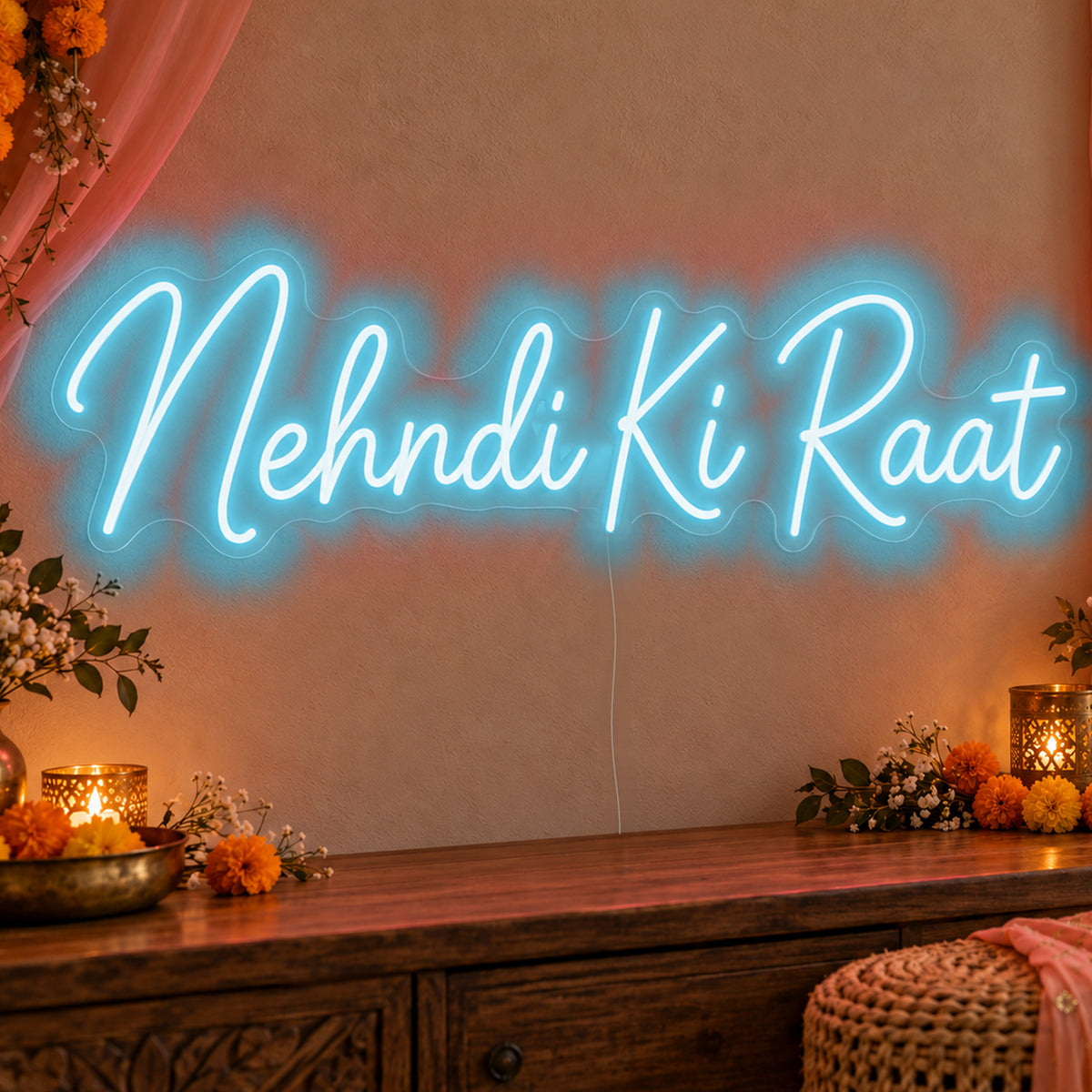 Mehndi Ki Raat Neon Sign in ice blue LED neon on clear acrylic, angled view