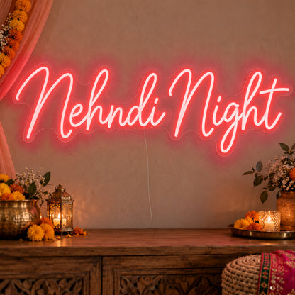 Mehndi Night Neon Sign in red LED neon on clear acrylic, angled view