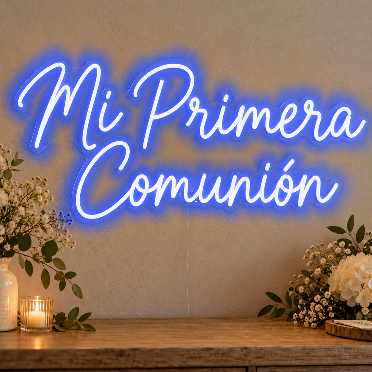Mi Primera Comunión Neon Sign in blue LED neon on clear acrylic, angled view