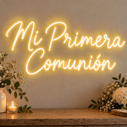 Mi Primera Comunión Neon Sign in gold LED neon on clear acrylic, angled view