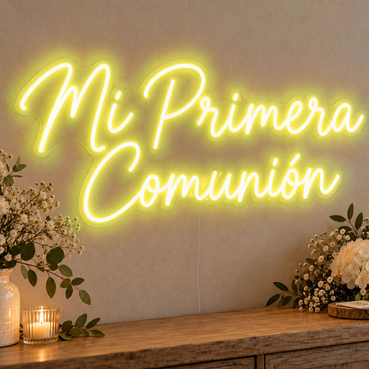 Mi Primera Comunión Neon Sign in yellow LED neon on clear acrylic, angled view