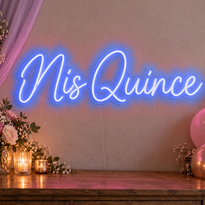 Mis Quince Neon Sign in blue LED neon on clear acrylic, angled view