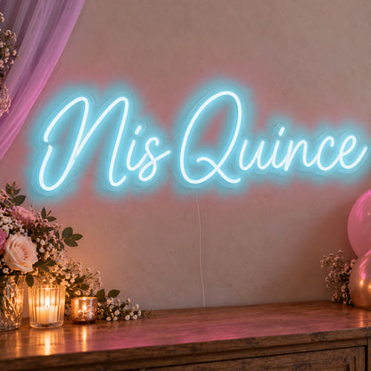 Mis Quince Neon Sign in ice blue LED neon on clear acrylic, angled view