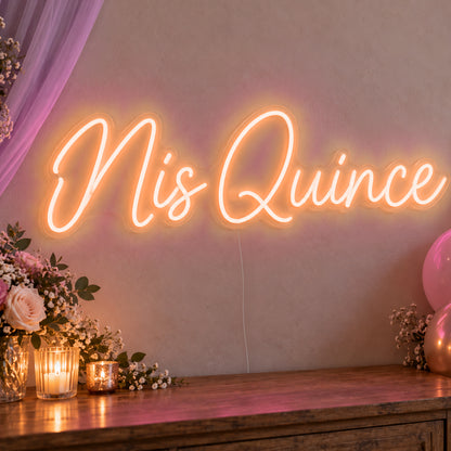 Mis Quince Neon Sign in orange LED neon on clear acrylic, angled view