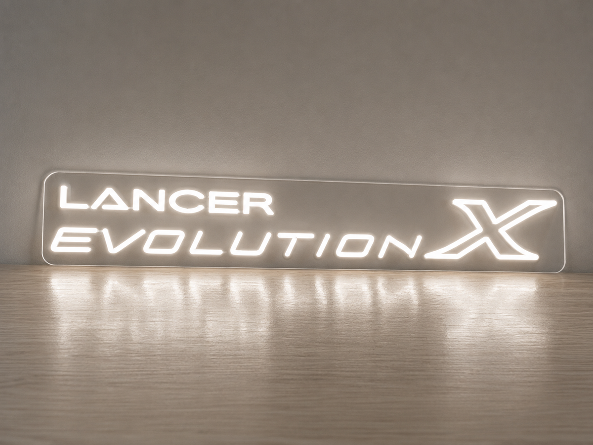 Mitsubishi Lancer Evolution X LED Neon Sign, featuring illuminated vehicle logo on a light background.