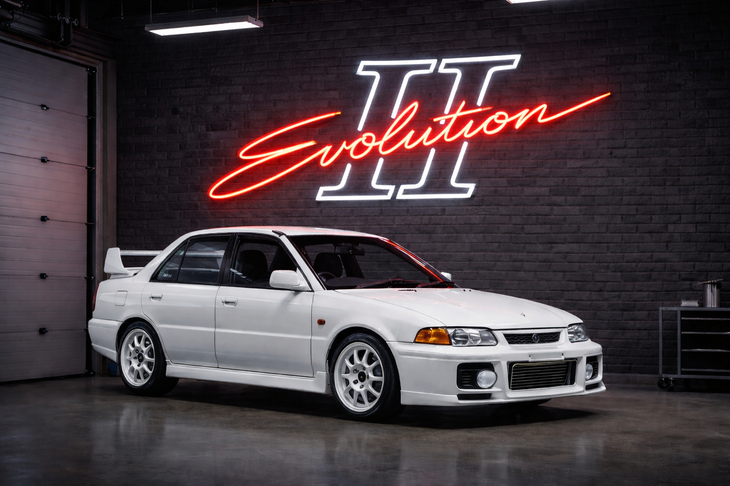 Red and white Evolution II LED neon sign inspired by Mitsubishi Evo II badge, premium car neon sign Australia by Neon Lanes.
