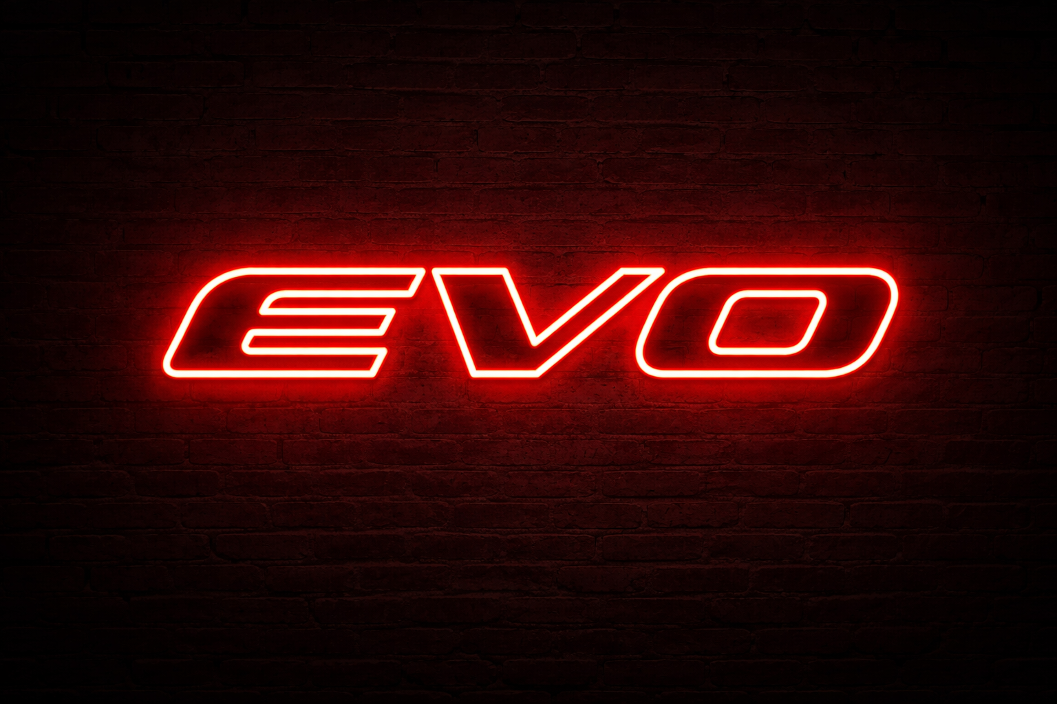 Red Mitsubishi Evolution inspired LED neon sign on garage wall, premium car neon sign Australia by Neon Lanes.