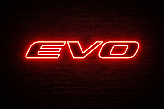 Red Mitsubishi Evolution inspired LED neon sign on garage wall, premium car neon sign Australia by Neon Lanes.