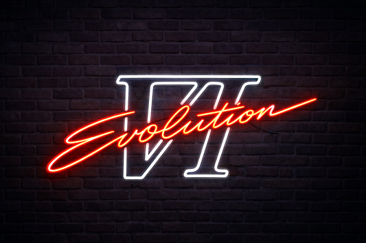 Mitsubishi Lancer Evolution VI inspired LED neon sign in red and white on brick wall, premium car neon sign Australia by Neon Lanes.
