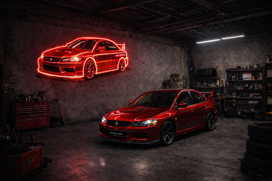 Red Mitsubishi Lancer Evolution X inspired LED neon sign on garage wall, custom car neon sign Australia by Neon Lanes.