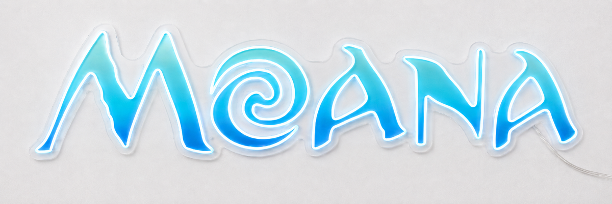 Moana LED Neon Sign in blue, featuring Moana lettering on a light wall.