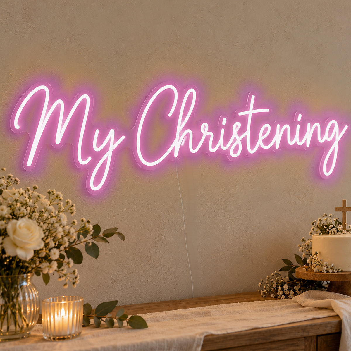 My Christening Neon Sign in pink LED neon on clear acrylic, angled view