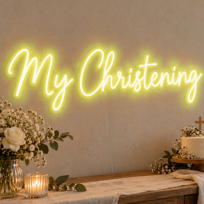 My Christening Neon Sign in yellow LED neon on clear acrylic, angled view