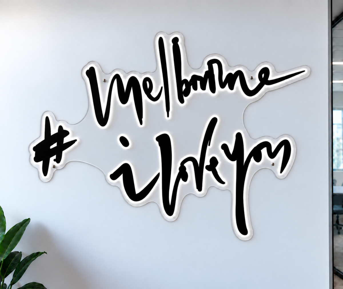 Melbourne Victory script logo with white illuminated edging, shown as custom sign inspiration for Docklands.