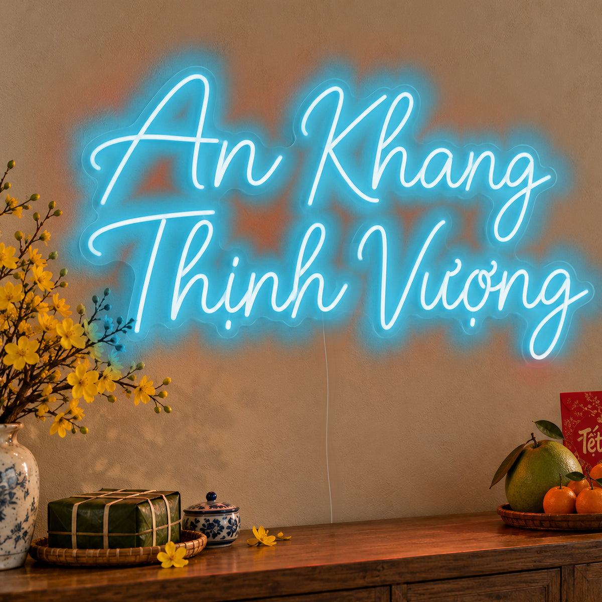 An Khang Thịnh Vượng Neon Sign in ice blue LED neon on clear acrylic, angled view