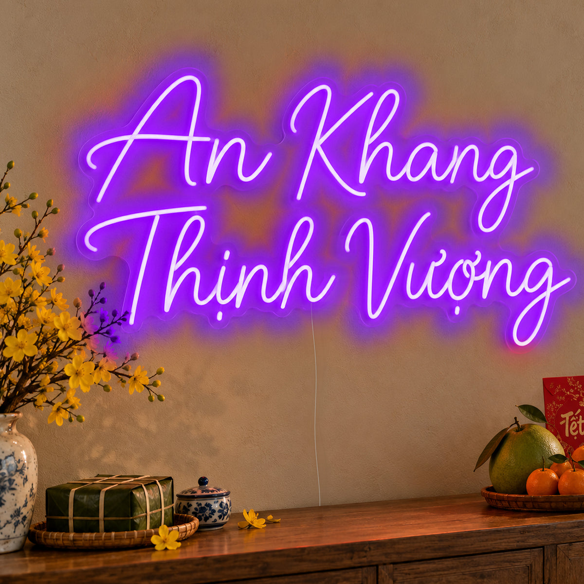 An Khang Thịnh Vượng Neon Sign in purple LED neon on clear acrylic, angled view
