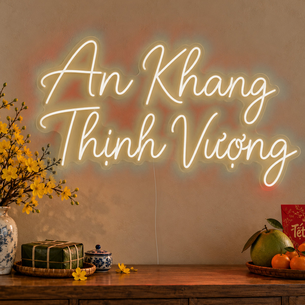 An Khang Thịnh Vượng Neon Sign in warm white LED neon on clear acrylic, angled view