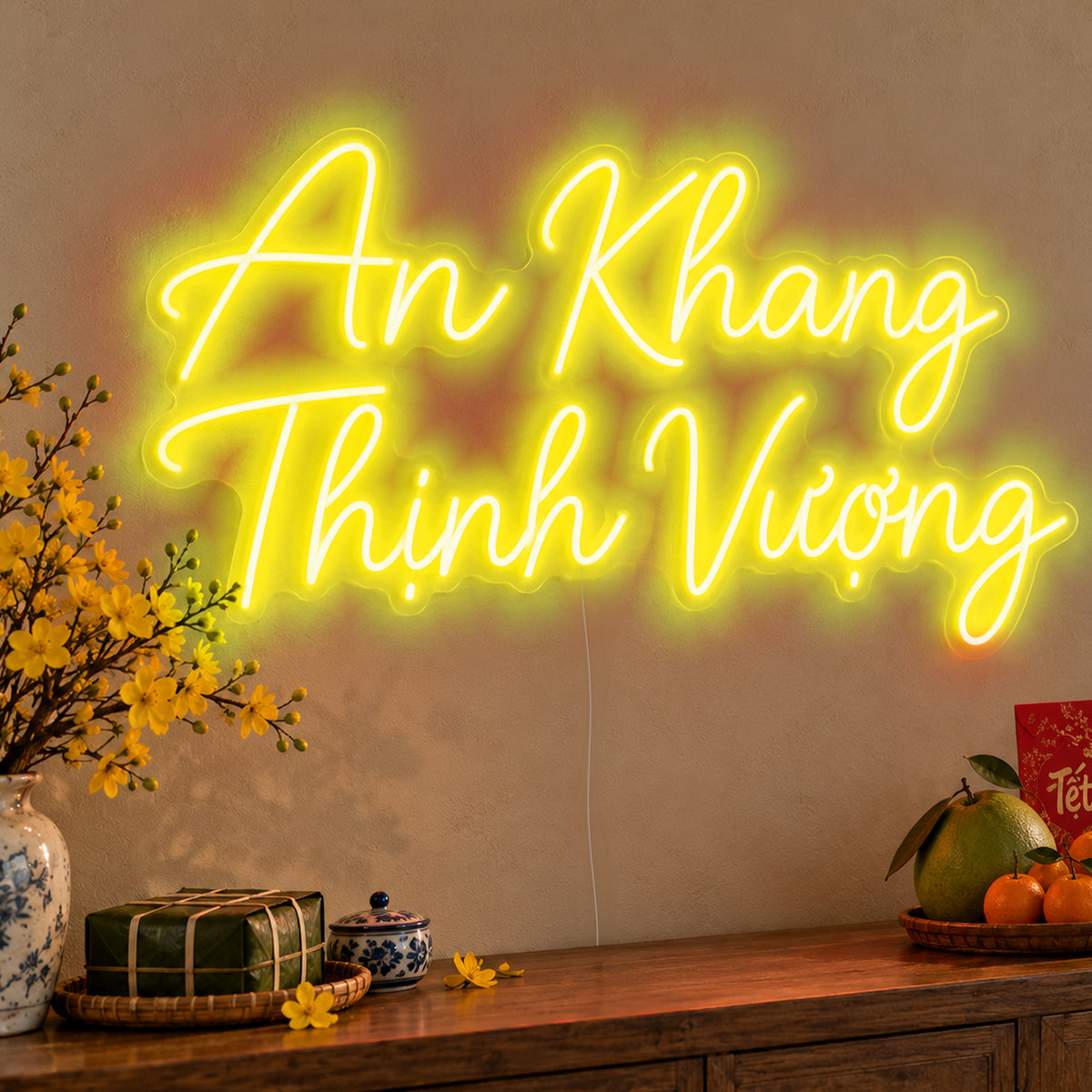 An Khang Thịnh Vượng Neon Sign in yellow LED neon on clear acrylic, angled view