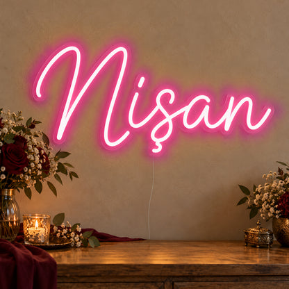 Nişan Neon Sign in rose red LED neon on clear acrylic, angled view