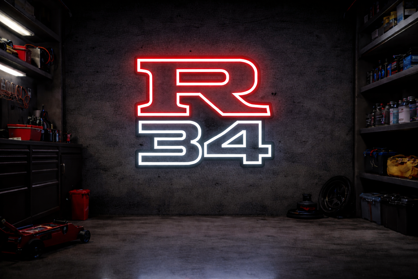 Nissan Skyline R34 inspired LED neon sign mounted on garage wall Australia