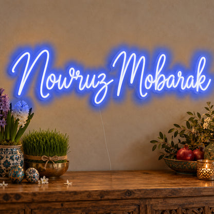 Nowruz Mobarak Neon Sign in blue LED neon on clear acrylic, angled view