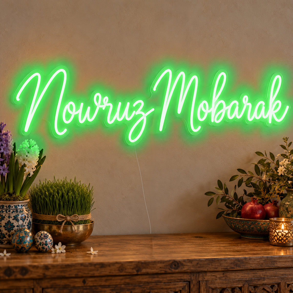 Nowruz Mobarak Neon Sign in green LED neon on clear acrylic, angled view