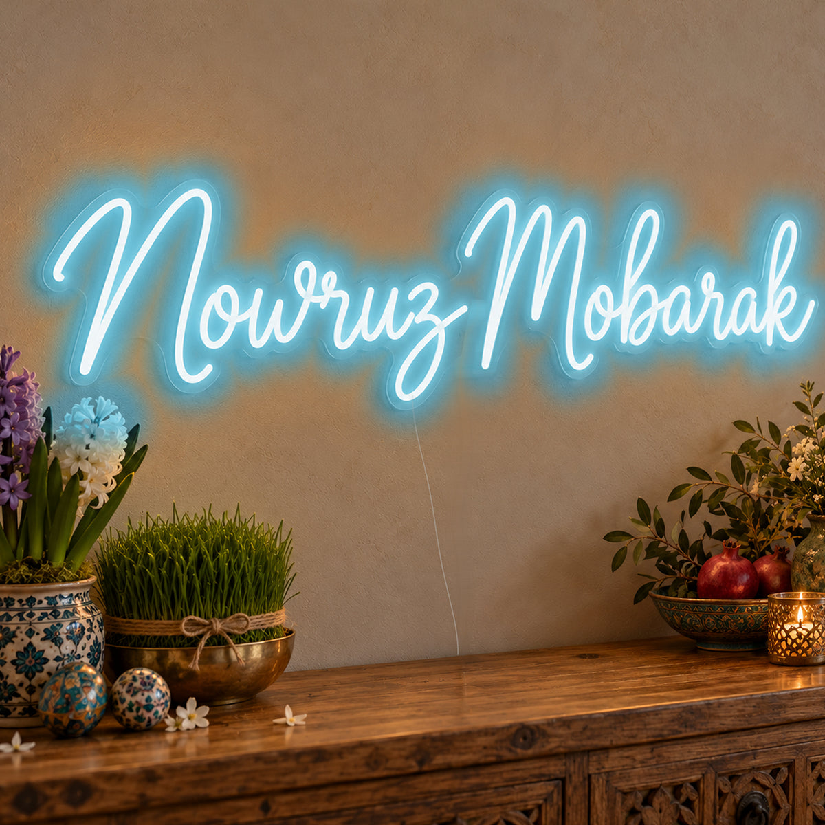 Nowruz Mobarak Neon Sign in ice blue LED neon on clear acrylic, angled view