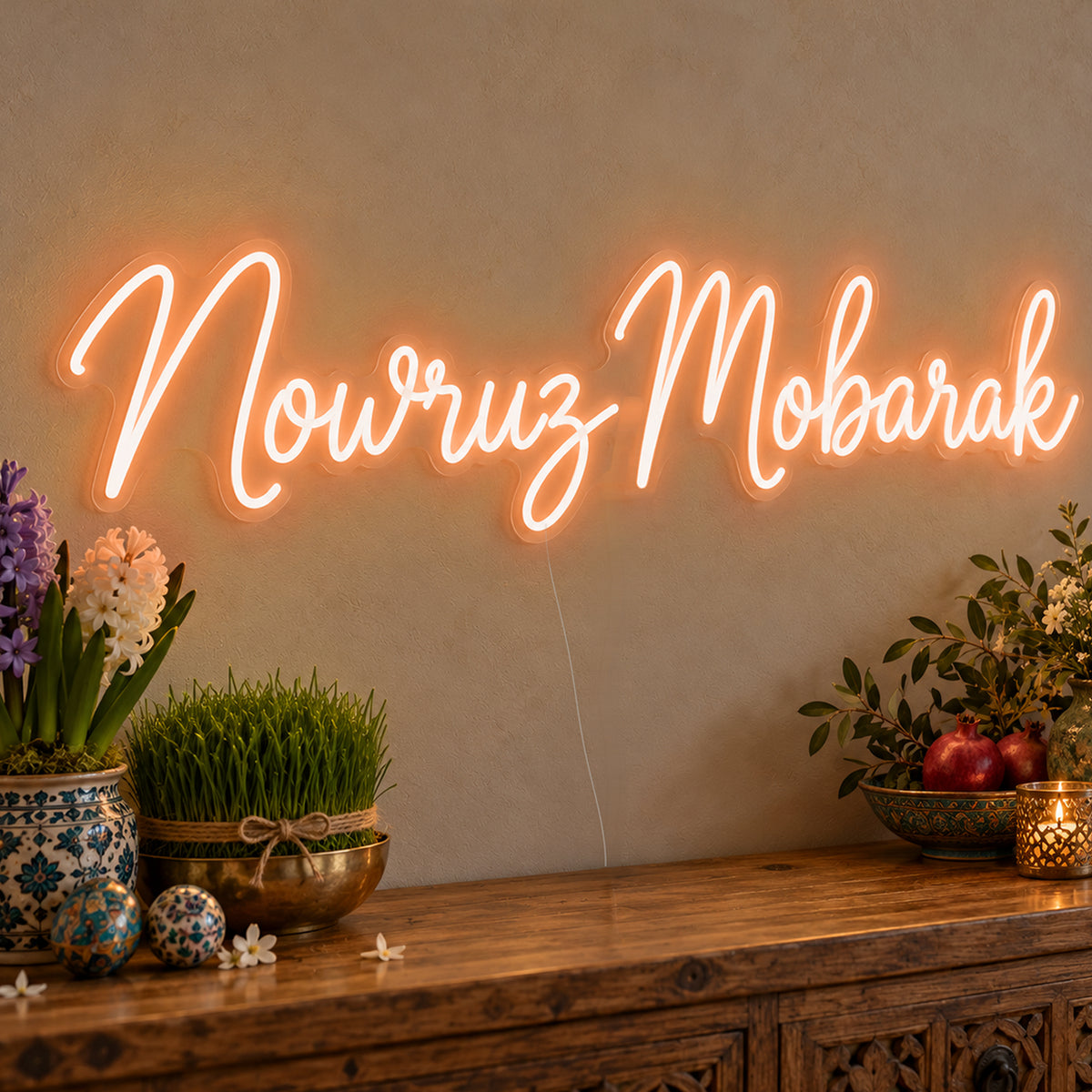 Nowruz Mobarak Neon Sign in orange LED neon on clear acrylic, angled view