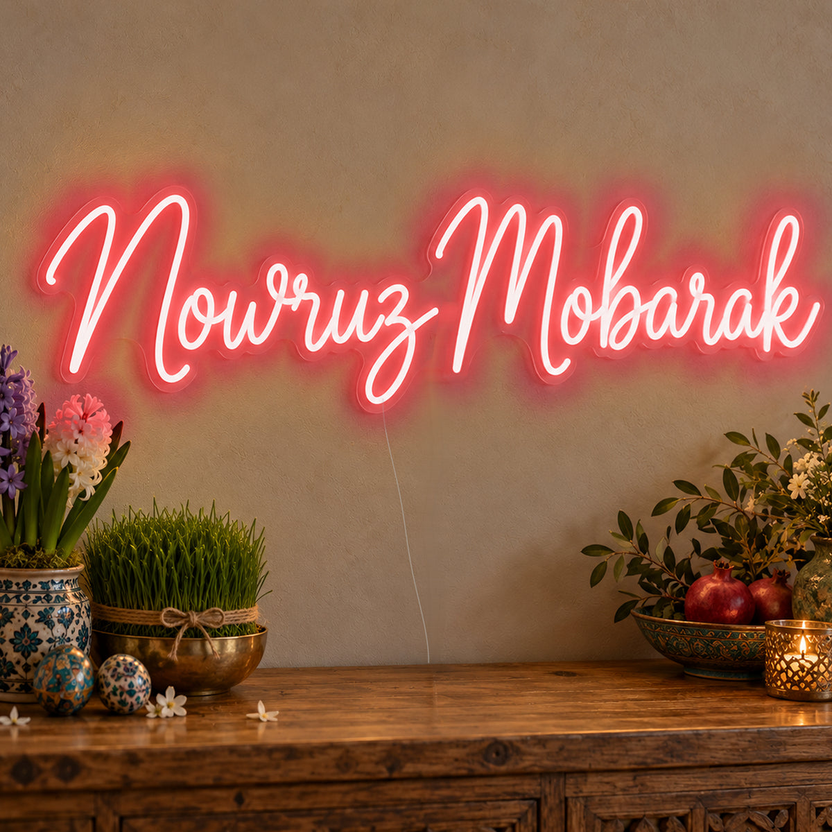 Nowruz Mobarak Neon Sign in red LED neon on clear acrylic, angled view