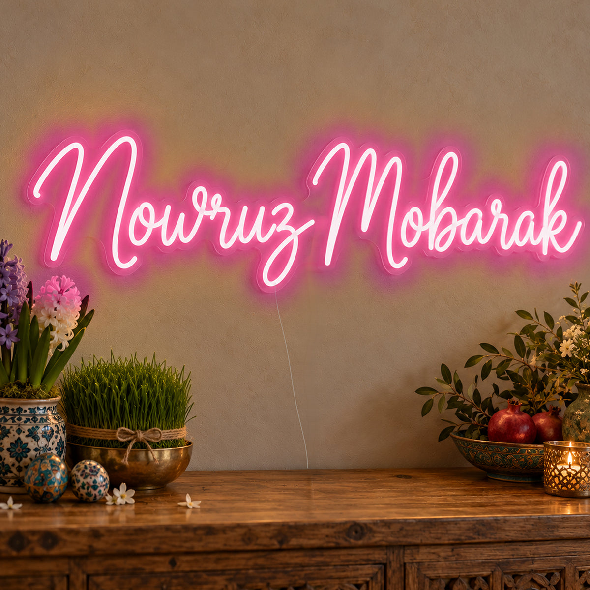 Nowruz Mobarak Neon Sign in rose red LED neon on clear acrylic, angled view