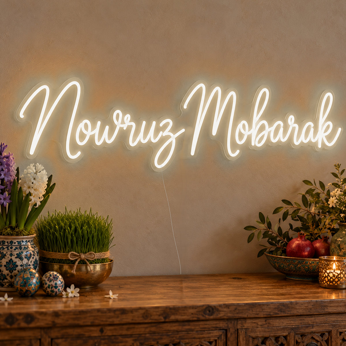 Nowruz Mobarak Neon Sign in warm white LED neon on clear acrylic, angled view